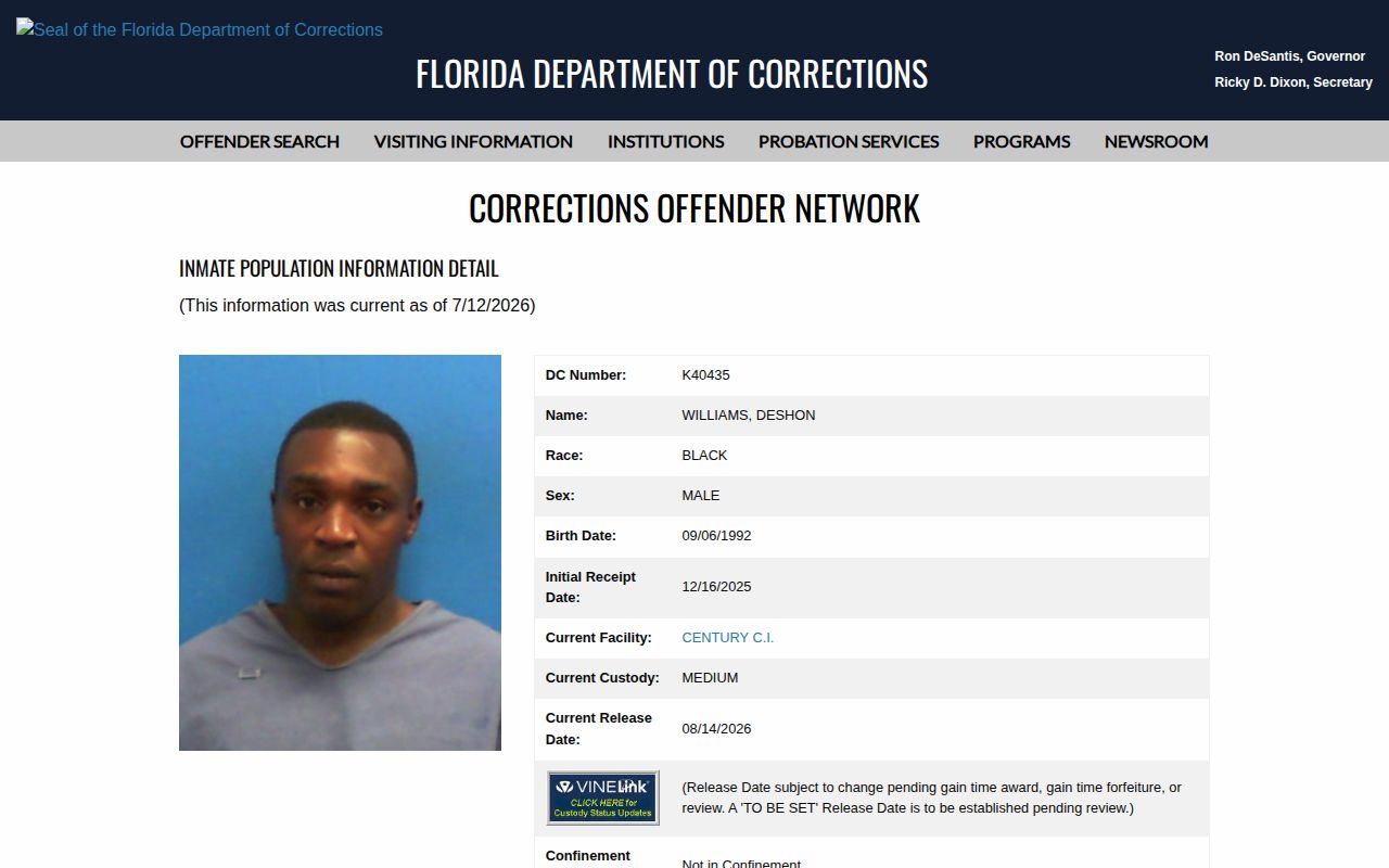 FDC Current Release Date field for a Lafayette County state prisoner lookup