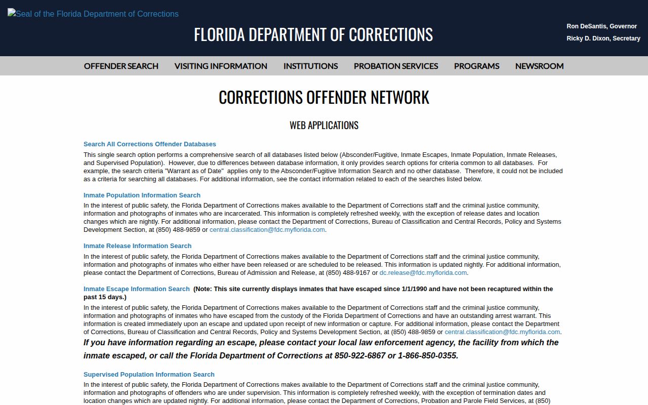 Lafayette County released inmate routes on the Florida Department of Corrections search menu