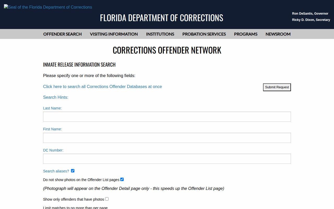 Mayo Correctional Institution Annex released inmate search form in Florida FDC