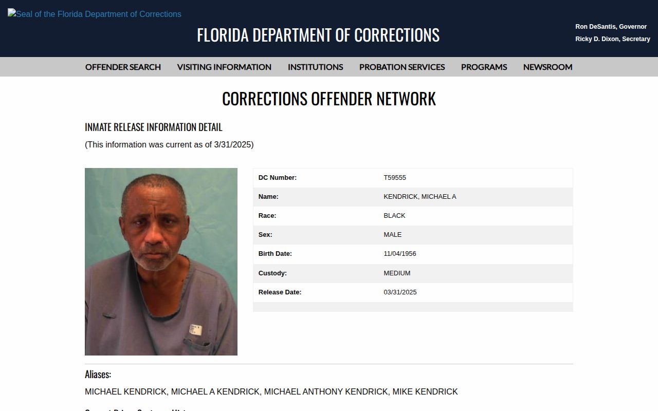 FDC photograph and release fields for Lafayette County released inmate mugshot research