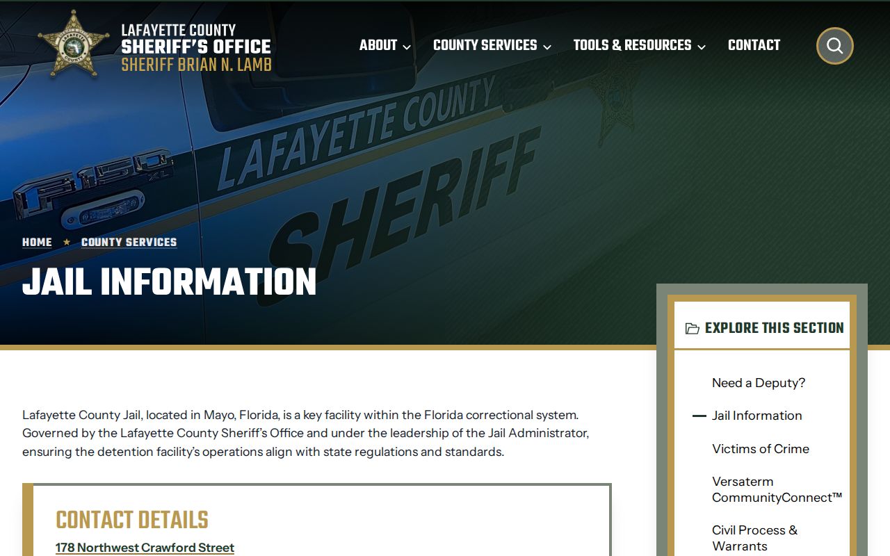 Lafayette County Jail page without a released inmate mugshot roster