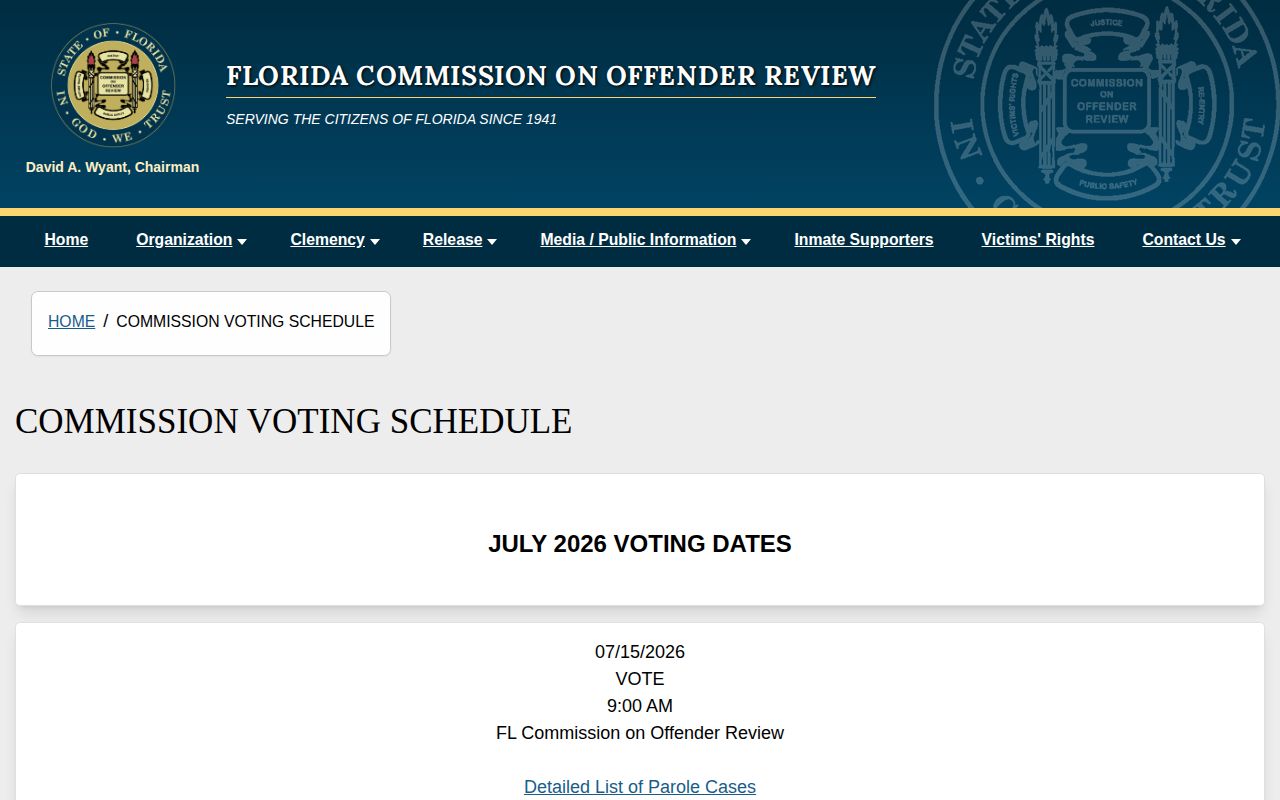 FCOR schedule for Lafayette County parole release hearings