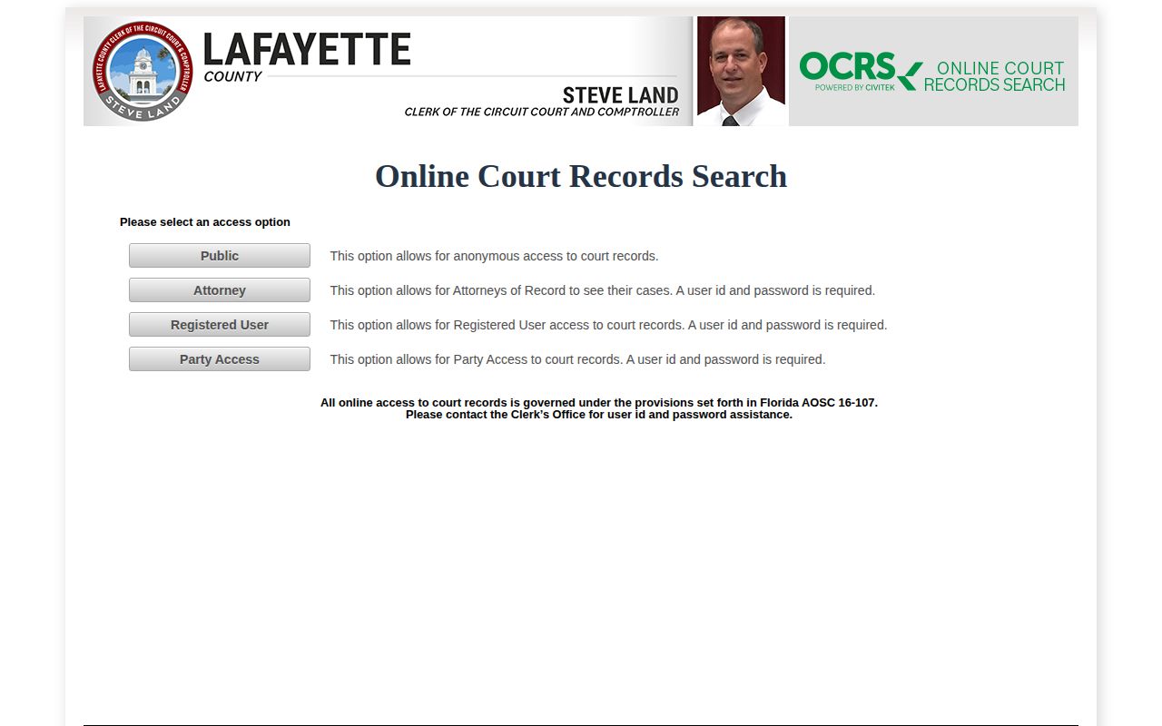 Lafayette County release-related court record search form