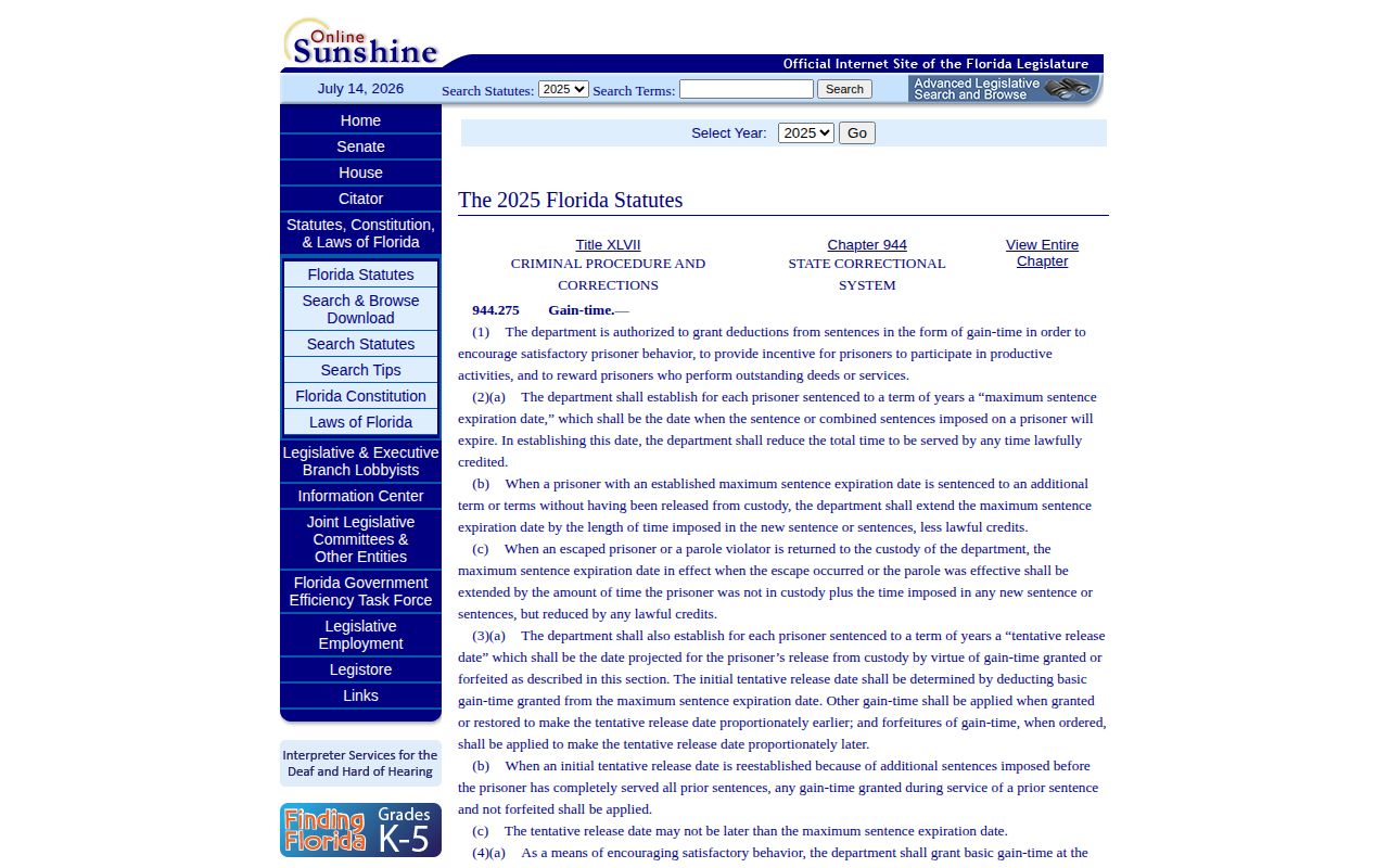 Florida gain-time statute for a Mayo Correctional Institution Annex projected release