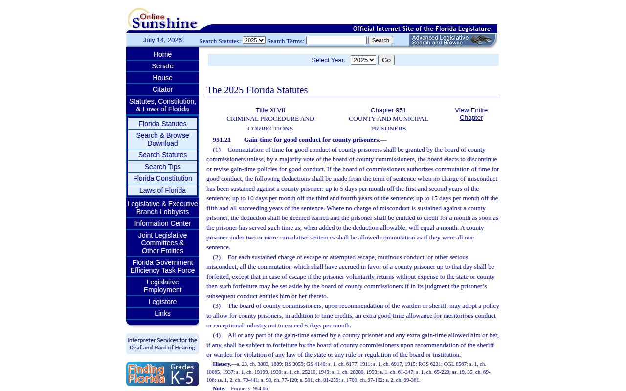 Florida county-prisoner law relevant to a Lafayette County Jail release date